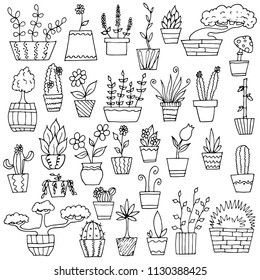 Hand-drawn set of plants pots. Vector cartoon doodles. Isolated objects on a white background. Sketches of plants.