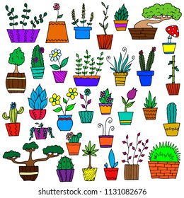 Hand-drawn set of plants pots. Vector cartoon doodles. Isolated objects on a white background. Sketches of plants.