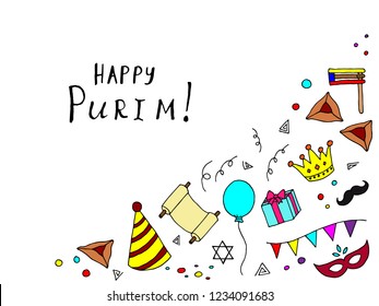 Hand-drawn set of Purim illustrations. Copy space. Lettering. Vector cartoon sketches. Isolated objects. Purim greeting card.