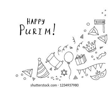 Hand-drawn set of Purim illustrations. Copy space. Lettering. Vector cartoon sketches. Isolated objects. Purim greeting card.