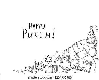 Hand-drawn set of Purim illustrations. Copy space. Lettering. Vector cartoon sketches. Isolated objects. Purim greeting card.