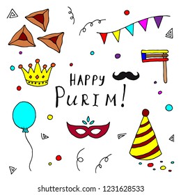 Hand-drawn set of Purim illustrations. Vector cartoon doodles. Isolated objects on a white background. Elements of holiday.