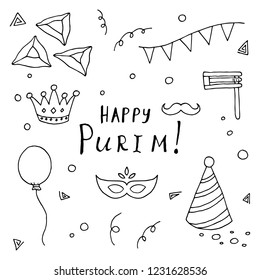Hand-drawn set of Purim illustrations. Vector cartoon doodles. Isolated objects on a white background. Elements of holiday.