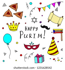 Hand-drawn set of Purim illustrations. Vector cartoon doodles. Isolated objects on a white background. Elements of holiday.