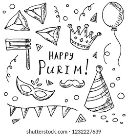 Hand-drawn set of Purim illustrations. Vector cartoon doodles. Isolated objects on a white background. Elements of holiday.