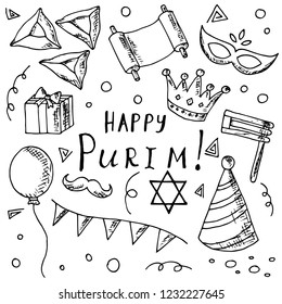 Hand-drawn set of Purim illustrations. Vector cartoon doodles. Isolated objects on a white background. Elements of holiday.