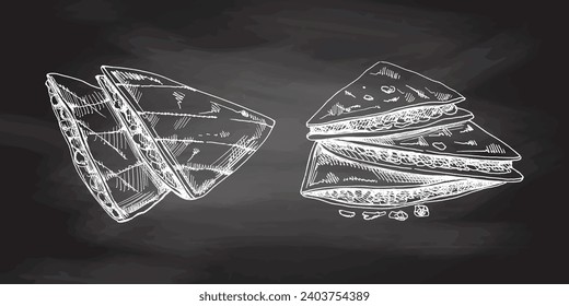 Hand-drawn set of quesadilla in sketch style on chalkboard background. Vintage drawing of Mexican dish. Vector black ink illustration. Mexican food, cuisine. An illustration for the menu. 