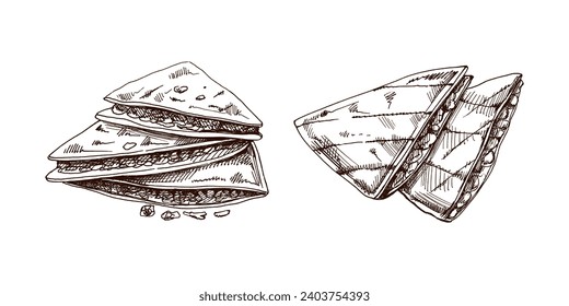 Hand-drawn set of quesadilla in sketch style. Vintage drawing of Mexican dish. Vector black ink outline food illustration. Mexican food, cuisine. An illustration for the menu. Latin America.