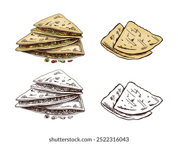 Conjunto de quesadilla dibujado a mano en estilo sketch. Dibujo en Antiguas de un plato mexicano. Ilustración de comida de contorno de tinta negra de Vector. Comida mexicana, cocina. Una ilustración para el menú. Latina América.