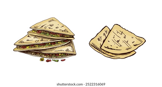 Conjunto de quesadilla dibujado a mano en estilo sketch. Dibujo en Antiguas de un plato mexicano. Ilustración de comida de contorno de tinta negra de Vector. Comida mexicana, cocina. Una ilustración para el menú. Latina América.