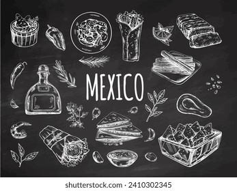 Hand-drawn set of realistic mexican dishes and products on chalkboard background. Vintage sketch drawings of Latin American cuisine. Vector ink illustration. Mexican culture. Latin America.