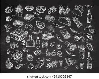 Hand-drawn set of realistic mexican dishes and products on chalkboard background. Vintage sketch drawings of Latin American cuisine. Vector ink illustration. Mexican culture. Latin America.