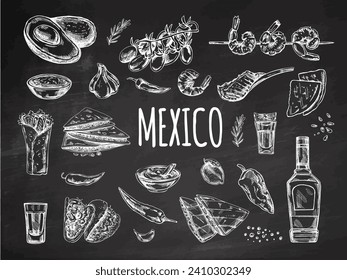 Hand-drawn set of realistic mexican dishes and products on chalkboard background. Vintage sketch drawings of Latin American cuisine. Vector ink illustration. Mexican culture. Latin America.