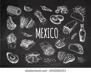 Hand-drawn set of realistic mexican dishes and products on chalkboard background. Vintage sketch drawings of Latin American cuisine. Vector ink illustration. Mexican culture. Latin America.