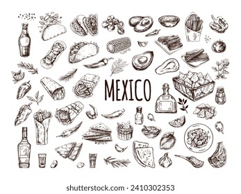 Hand-drawn set of realistic mexican dishes and products. Vintage sketch drawings of Latin American cuisine. Vector ink illustration. Mexican culture. Latin America.