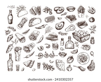 Hand-drawn set of realistic mexican dishes and products. Vintage sketch drawings of Latin American cuisine. Vector ink illustration. Mexican culture. Latin America.