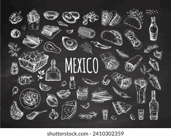 Hand-drawn set of realistic mexican dishes and products on chalkboard background. Vintage sketch drawings of Latin American cuisine. Vector ink illustration. Mexican culture. Latin America.