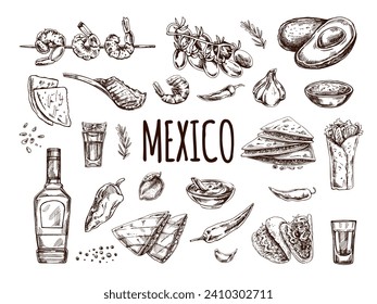 Hand-drawn set of realistic mexican dishes and products. Vintage sketch drawings of Latin American cuisine. Vector ink illustration. Mexican culture. Latin America.