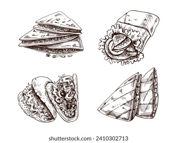 Hand-drawn set of realistic mexican dishes and products. Vintage sketch drawings of Latin American cuisine. Vector ink illustration. Mexican culture. Latin America.