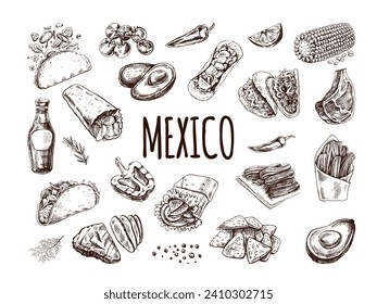 Hand-drawn set of realistic mexican dishes and products. Vintage sketch drawings of Latin American cuisine. Vector ink illustration. Mexican culture. Latin America.