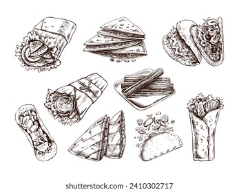 Hand-drawn set of realistic mexican dishes and products. Vintage sketch drawings of Latin American cuisine. Vector ink illustration. Mexican culture. Latin America.