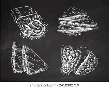 Hand-drawn set of realistic mexican dishes and products on chalkboard background. Vintage sketch drawings of Latin American cuisine. Vector ink illustration. Mexican culture. Latin America.