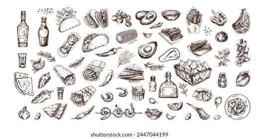 Hand-drawn set of realistic mexican dishes and products. Vintage sketch drawings of Latin American cuisine. Vector ink illustration. Mexican culture. Latin America.