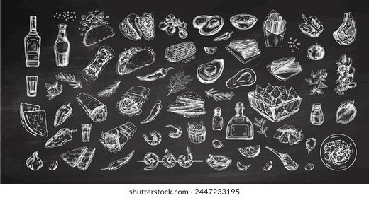 Hand-drawn set of realistic mexican dishes and products. Vintage sketch drawings of Latin American cuisine. Vector ink illustration on chalkboard background. Mexican culture.