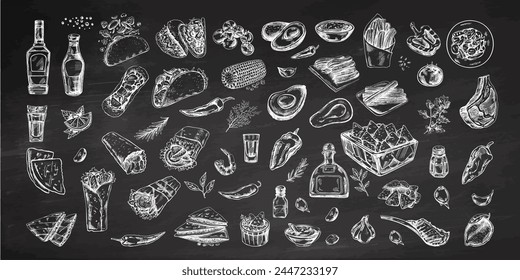 Conjunto de platos y productos mexicanos realistas, hechos a mano. Dibujos de Antiguas de la cocina estadounidense de Latina. Ilustración de tinta de Vector sobre fondo de pizarra. La cultura mexicana. 