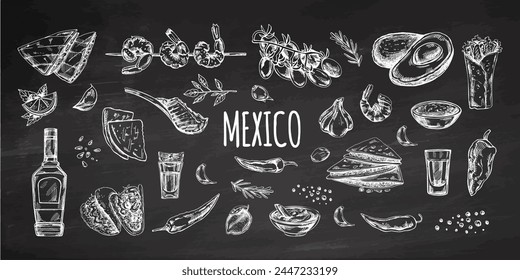 Hand-drawn set of realistic mexican dishes and products. Vintage sketch drawings of Latin American cuisine. Vector ink illustration on chalkboard background. Mexican culture. 