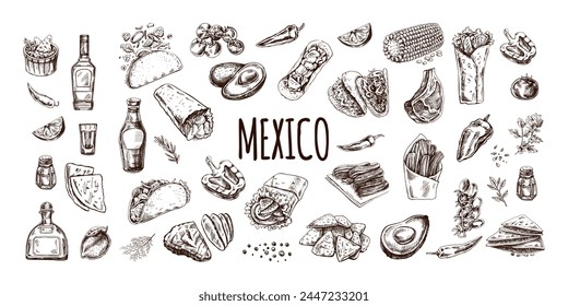 Hand-drawn set of realistic mexican dishes and products. Vintage sketch drawings of Latin American cuisine. Vector ink illustration. Mexican culture. Latin America.