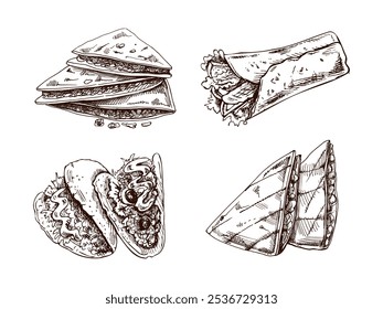 Hand-drawn set of realistic mexican dishes and products. Vintage sketch drawings of Latin American cuisine. Vector ink illustration. Mexican culture. Latin America.