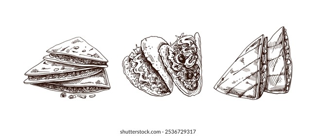 Hand-drawn set of realistic mexican dishes and products. Vintage sketch drawings of Latin American cuisine. Vector ink illustration. Mexican culture. Latin America.