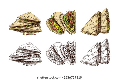 Hand-drawn set of realistic mexican dishes and products. Vintage sketch drawings of Latin American cuisine. Vector ink illustration. Mexican culture. Latin America.