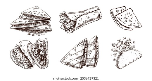 Hand-drawn set of realistic mexican dishes and products. Vintage sketch drawings of Latin American cuisine. Vector ink illustration. Mexican culture. Latin America.