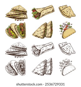 Hand-drawn set of realistic mexican dishes and products. Vintage sketch drawings of Latin American cuisine. Vector ink illustration. Mexican culture. Latin America.