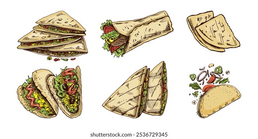 Hand-drawn set of realistic mexican dishes and products. Vintage sketch drawings of Latin American cuisine. Vector ink illustration. Mexican culture. Latin America.