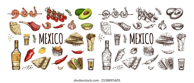 Hand-drawn set of realistic mexican dishes and products. Vintage sketch drawings of Latin American cuisine. Vector ink illustration. Mexican culture. Latin America.