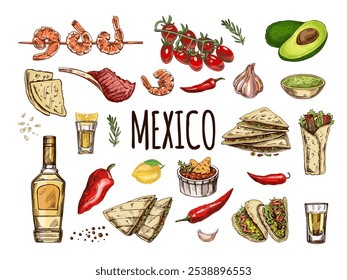 Hand-drawn set of realistic mexican dishes and products. Vintage sketch drawings of Latin American cuisine. Vector ink illustration. Mexican culture. Latin America.