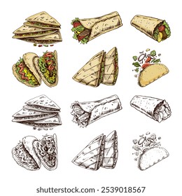 Hand-drawn set of realistic mexican dishes and products. Vintage sketch drawings of Latin American cuisine. Vector ink illustration. Mexican culture. Latin America.