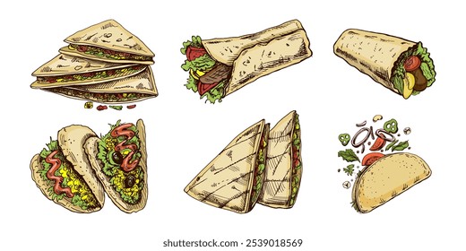 Hand-drawn set of realistic mexican dishes and products. Vintage sketch drawings of Latin American cuisine. Vector ink illustration. Mexican culture. Latin America.