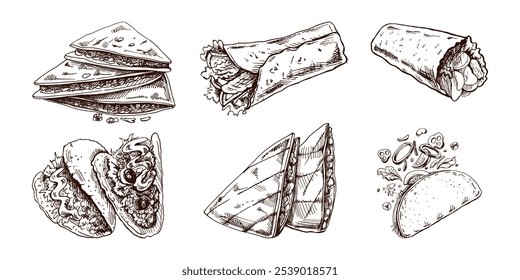 Hand-drawn set of realistic mexican dishes and products. Vintage sketch drawings of Latin American cuisine. Vector ink illustration. Mexican culture. Latin America.