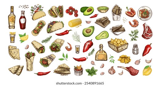 Hand-drawn set of realistic mexican dishes and products. Vintage sketch drawings of Latin American cuisine. Vector ink illustration. Mexican culture. Latin America.