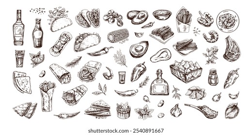 Hand-drawn set of realistic mexican dishes and products. Vintage sketch drawings of Latin American cuisine. Vector ink illustration. Mexican culture. Latin America.