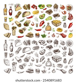 Hand-drawn set of realistic mexican dishes and products. Vintage sketch drawings of Latin American cuisine. Vector ink illustration. Mexican culture. Latin America.