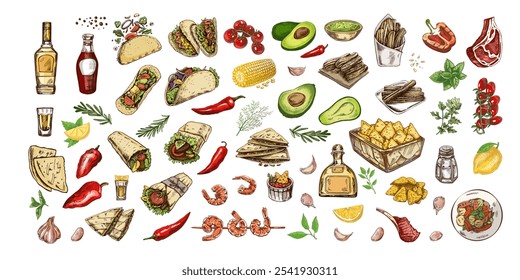 Hand-drawn set of realistic mexican dishes and products. Vintage sketch drawings of Latin American cuisine. Vector ink illustration. Mexican culture. Latin America.