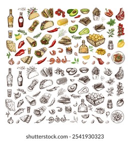 Hand-drawn set of realistic mexican dishes and products. Vintage sketch drawings of Latin American cuisine. Vector ink illustration. Mexican culture. Latin America.