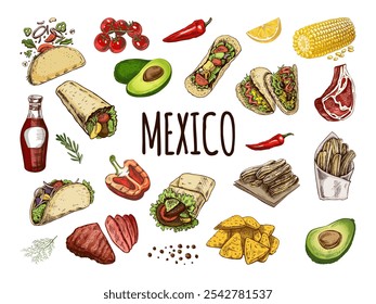 Hand-drawn set of realistic mexican dishes and products. Vintage sketch drawings of Latin American cuisine. Vector ink illustration. Mexican culture. Latin America.