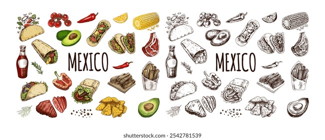 Hand-drawn set of realistic mexican dishes and products. Vintage sketch drawings of Latin American cuisine. Vector ink illustration. Mexican culture. Latin America.