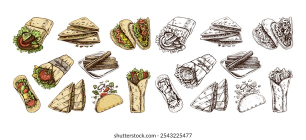 Hand-drawn set of realistic mexican dishes and products. Vintage sketch drawings of Latin American cuisine. Vector ink illustration. Mexican culture. Latin America.